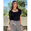 image:imageZESICA Womens Square Neck Puff Sleeve Tops 2026 Summer Ribbed Fitted Casual Work Business Basic T ShirtsBlack