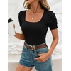 image:imageZESICA Womens Square Neck Puff Sleeve Tops 2026 Summer Ribbed Fitted Casual Work Business Basic T ShirtsBlack