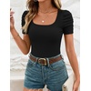 image:imageZESICA Womens Square Neck Puff Sleeve Tops 2026 Summer Ribbed Fitted Casual Work Business Basic T ShirtsBlack