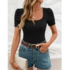 image:imageZESICA Womens Square Neck Puff Sleeve Tops 2026 Summer Ribbed Fitted Casual Work Business Basic T ShirtsBlack