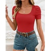 image:imageZESICA Womens Square Neck Puff Sleeve Tops 2026 Summer Ribbed Fitted Casual Work Business Basic T ShirtsRed