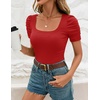 image:imageZESICA Womens Square Neck Puff Sleeve Tops 2026 Summer Ribbed Fitted Casual Work Business Basic T ShirtsRed