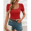image:imageZESICA Womens Square Neck Puff Sleeve Tops 2026 Summer Ribbed Fitted Casual Work Business Basic T ShirtsRed