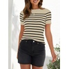image:imageZESICA Womens Striped Short Sleeve Ribbed Knit Fitted T ShirtsAlmond