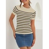 image:imageZESICA Womens Striped Short Sleeve Ribbed Knit Fitted T ShirtsAlmond