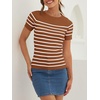 image:imageZESICA Womens Striped Short Sleeve Ribbed Knit Fitted T ShirtsBrown