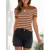 image:imageZESICA Womens Striped Short Sleeve Ribbed Knit Fitted T ShirtsBrown
