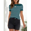 image:imageZESICA Womens Striped Short Sleeve Ribbed Knit Fitted T ShirtsTeal