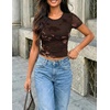 image:imageZESICA Womens Summer Short Sleeve Mesh Floral Crop TopsCoffee