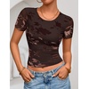image:imageZESICA Womens Summer Short Sleeve Mesh Floral Crop TopsCoffee