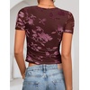image:imageZESICA Womens Summer Short Sleeve Mesh Floral Crop TopsWine