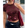 image:imageZESICA Womens Summer Short Sleeve Mesh Floral Crop TopsWine