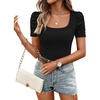 image:imageZESICA Womens Square Neck Puff Sleeve Tops 2026 Summer Ribbed Fitted Casual Work Business Basic T ShirtsBlack
