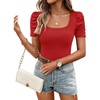 image:imageZESICA Womens Square Neck Puff Sleeve Tops 2026 Summer Ribbed Fitted Casual Work Business Basic T ShirtsRed