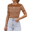 image:imageZESICA Womens Striped Short Sleeve Ribbed Knit Fitted T ShirtsBrown