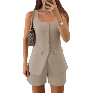 image:imageZESICA Womens 2 Piece Short Sets Suit Vest Tops Matching Set OutfitsGreykhaki