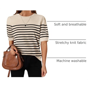image:imageZESICA Womens Casual Striped Tops Short Sleeve Crew Neck Ribbed Knit T Shirts Comfy Loose Basic Pullover Sweater