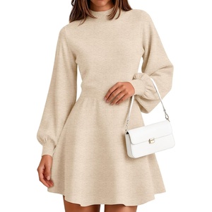 image:imageZESICA Womens Fall Mock Neck Long Lantern Sleeve Sweater Mini DressApricot