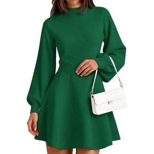 image:imageZESICA Womens Fall Mock Neck Long Lantern Sleeve Sweater Mini DressGreen
