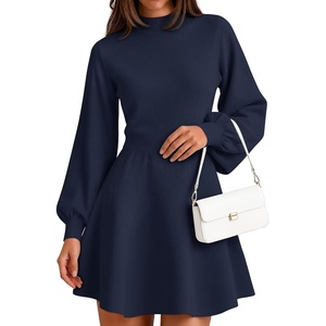 image:imageZESICA Womens Fall Mock Neck Long Lantern Sleeve Sweater Mini DressNavy
