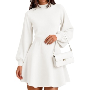 image:imageZESICA Womens Fall Mock Neck Long Lantern Sleeve Sweater Mini DressWhite