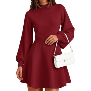 image:imageZESICA Womens Fall Mock Neck Long Lantern Sleeve Sweater Mini DressWine