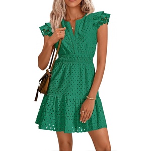 image:imageZESICA Womens Flutter Short Sleeve V Neck Hollow Out Eyelet Mini DressGreen