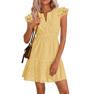 image:imageZESICA Womens Flutter Short Sleeve V Neck Hollow Out Eyelet Mini DressLightyellow