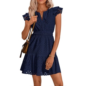 image:imageZESICA Womens Flutter Short Sleeve V Neck Hollow Out Eyelet Mini DressNavy