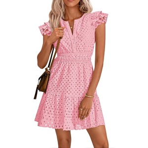 image:imageZESICA Womens Flutter Short Sleeve V Neck Hollow Out Eyelet Mini DressPink