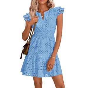 image:imageZESICA Womens Flutter Short Sleeve V Neck Hollow Out Eyelet Mini DressSky