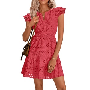 image:imageZESICA Womens Flutter Short Sleeve V Neck Hollow Out Eyelet Mini DressWatermelon