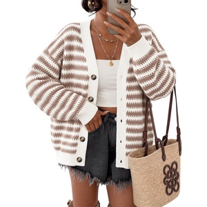 image:imageZESICA Womens Striped Button Up Cardigan Sweaters V Neck Trendy Knit TopsApricot