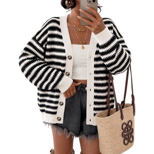 image:imageZESICA Womens Striped Button Up Cardigan Sweaters V Neck Trendy Knit TopsBlack