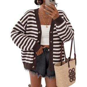 image:imageZESICA Womens Striped Button Up Cardigan Sweaters V Neck Trendy Knit TopsBrown