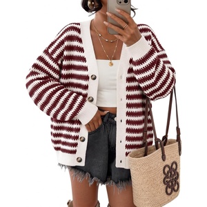 image:imageZESICA Womens Striped Button Up Cardigan Sweaters V Neck Trendy Knit TopsBurgundy