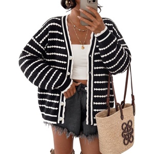 image:imageZESICA Womens Striped Button Up Cardigan Sweaters V Neck Trendy Knit TopsDark Black