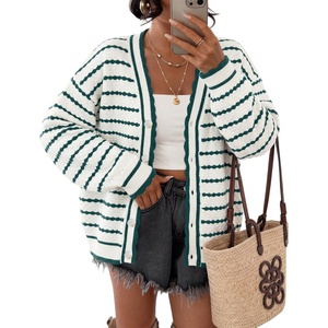 image:imageZESICA Womens Striped Button Up Cardigan Sweaters V Neck Trendy Knit TopsGreen