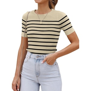 image:imageZESICA Womens Striped Short Sleeve Ribbed Knit Fitted T ShirtsAlmond