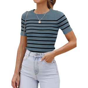image:imageZESICA Womens Striped Short Sleeve Ribbed Knit Fitted T ShirtsDarkblue