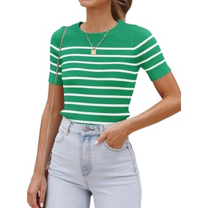 image:imageZESICA Womens Striped Short Sleeve Ribbed Knit Fitted T ShirtsGreen