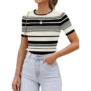 image:imageZESICA Womens Striped Short Sleeve Ribbed Knit Fitted T ShirtsIvory