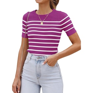 image:imageZESICA Womens Striped Short Sleeve Ribbed Knit Fitted T ShirtsMagenta