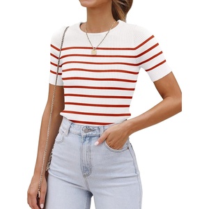 image:imageZESICA Womens Striped Short Sleeve Ribbed Knit Fitted T ShirtsRed