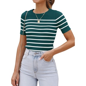 image:imageZESICA Womens Striped Short Sleeve Ribbed Knit Fitted T ShirtsTeal