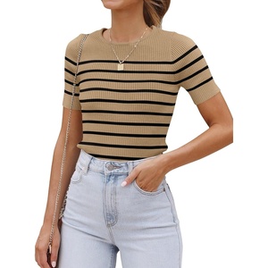 image:imageZESICA Womens Striped Short Sleeve Ribbed Knit Fitted T ShirtsToffee