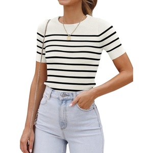 image:imageZESICA Womens Striped Short Sleeve Ribbed Knit Fitted T ShirtsWhite