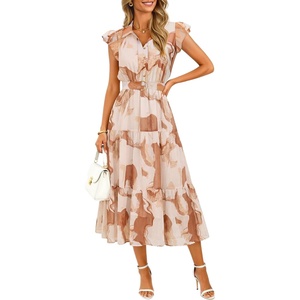 image:imageZESICA Womens Summer Floral Midi Dress Wedding Guest DressesBrown