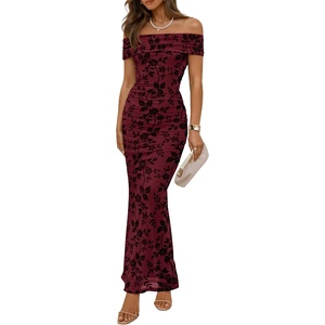 image:imageZESICA Womens Summer Off Shoulder Floral Bodycon Ruched Maxi Formal DressBurgundy