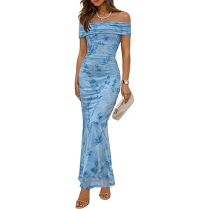 image:imageZESICA Womens Summer Off Shoulder Floral Bodycon Ruched Maxi Formal DressLight Blue